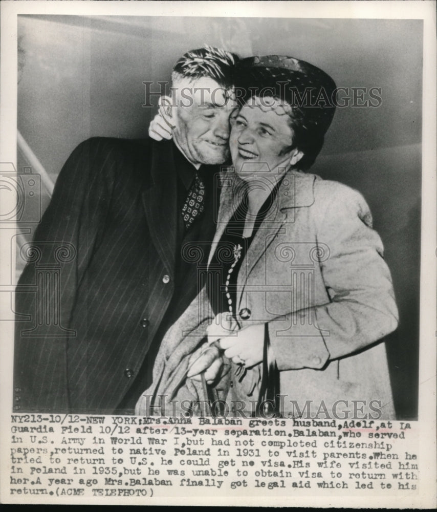 1948 Anna Balaban reunited with hubby, Adolf, at LaGuardia Airport - Historic Images