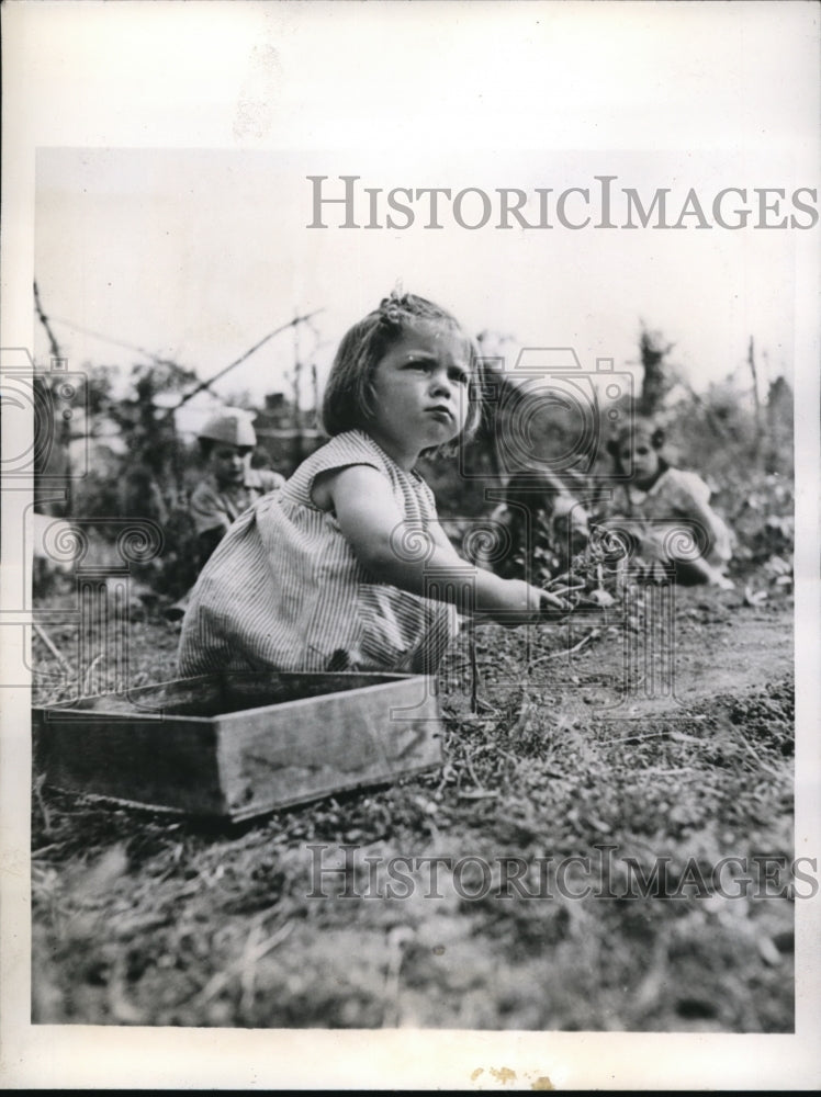1944 Press Photo Little Gloria Wilkins enjoys spring planting with other kids - Historic Images