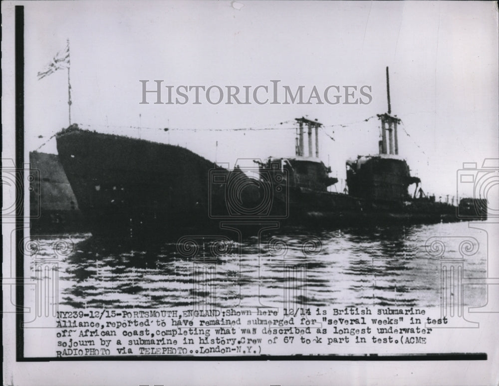 1947 Press Photo Submarine H M S Alliance - nec98688 - Historic Images