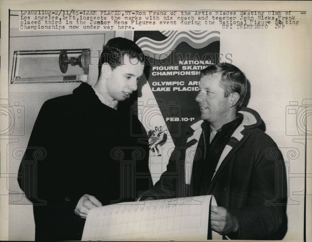 1965 Press Photo Lake Placid N Y Ron Frank and Coach John Nicks inspect marks - Historic Images