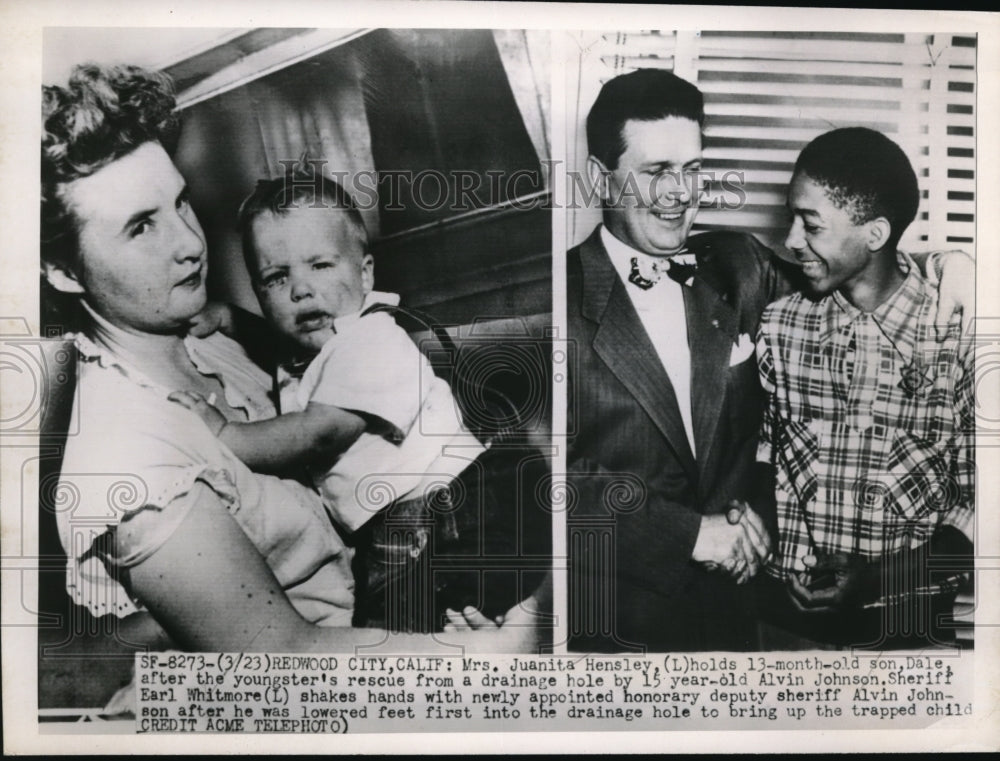 1951 Press Photo Mrs. Hensley and her son that was rescued by Alvin Johnson - Historic Images