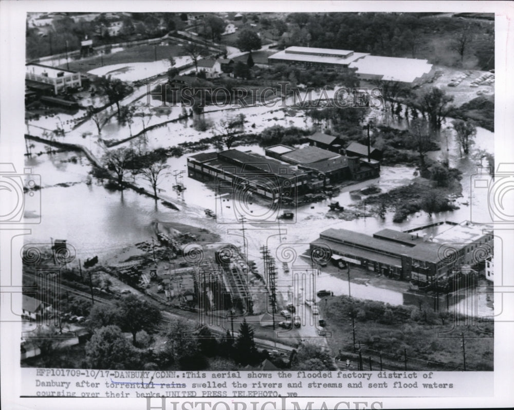 1955 Press Photo An aerial view of the flooded factory district of Danbury, CT - Historic Images