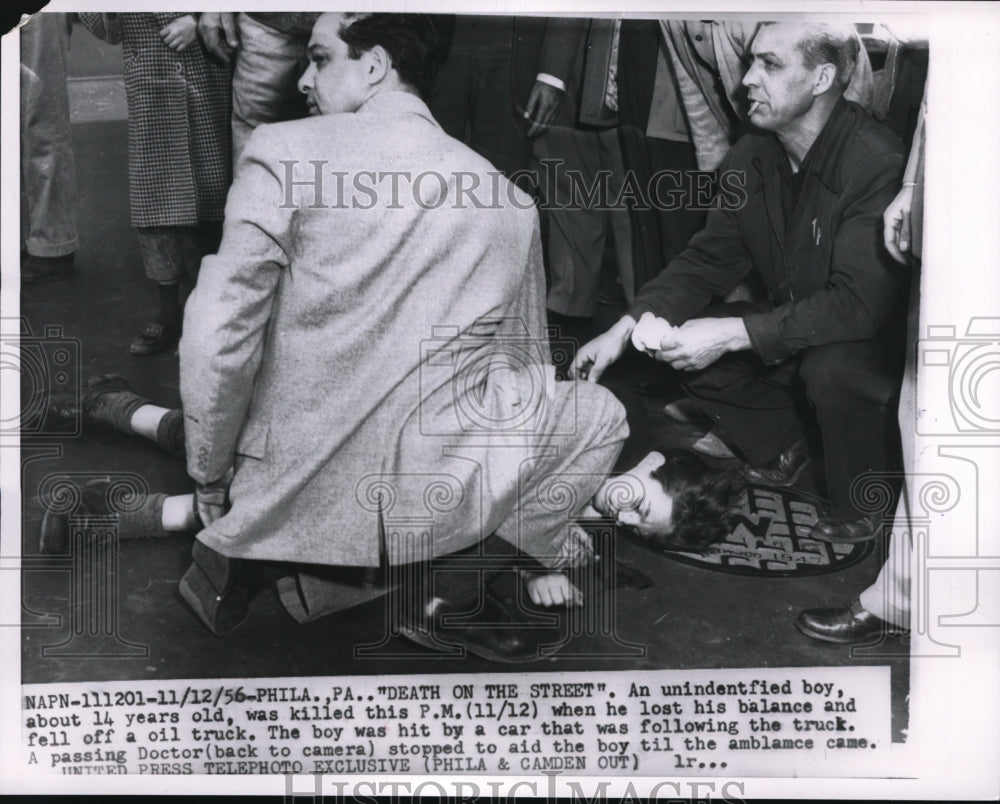 1956 Unknown boy died when fell off from oil truck &amp; hit by car - Historic Images