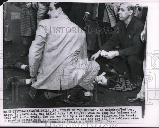 1956 Unknown boy died when fell off from oil truck & hit by car - Historic Images