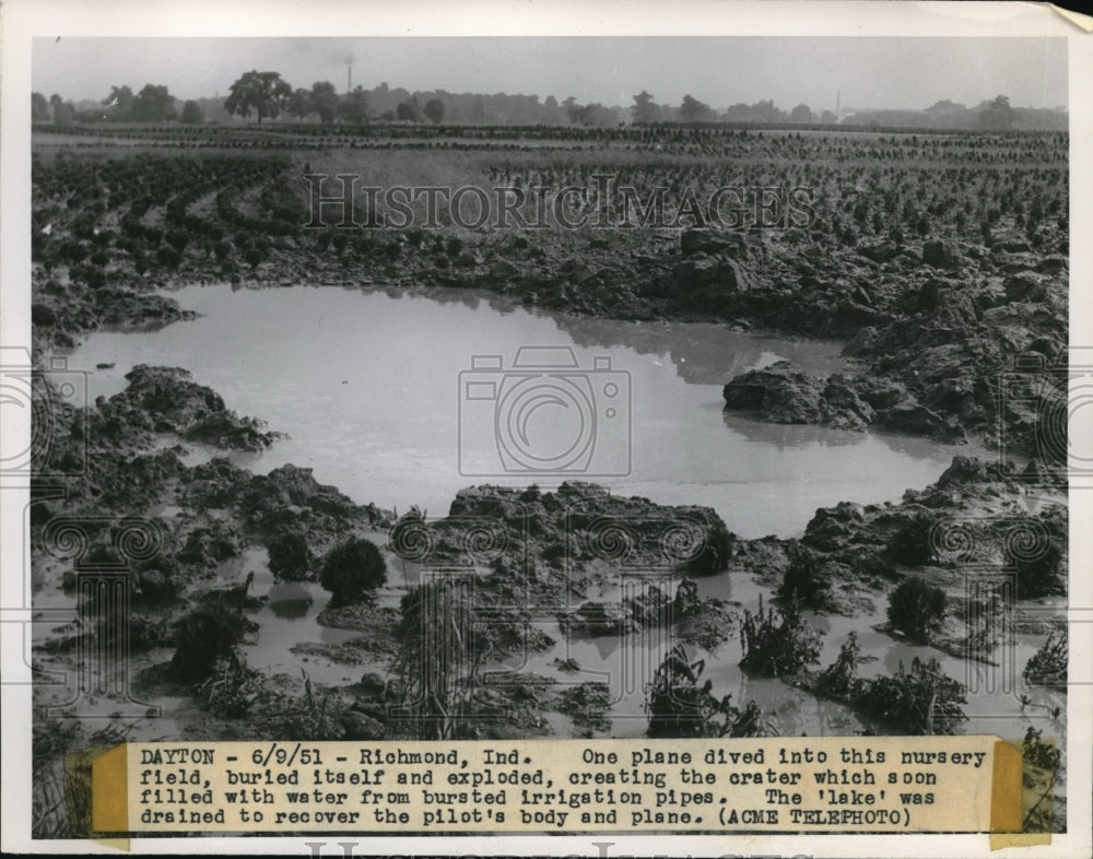 1951 Press Photo View of the Nursery field where a plane crashed - nec99070 - Historic Images