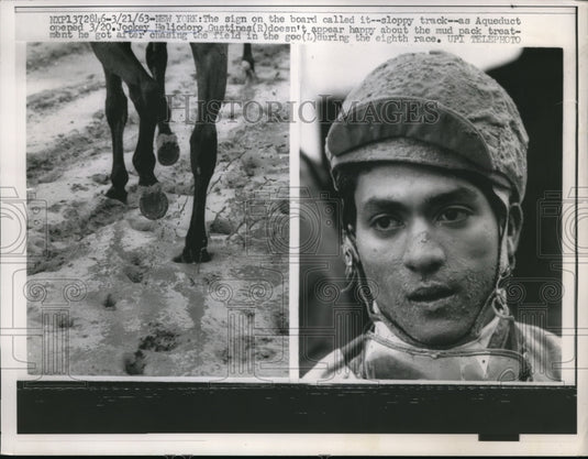 1963 Press Photo Jockey Gustines with mud on his face after the race - nec99143 - Historic Images
