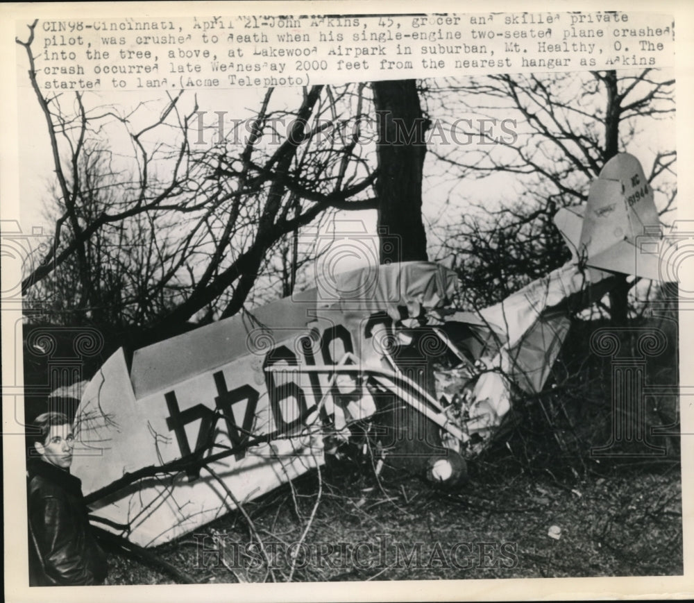 1949 Press Photo J. Agkin was crushed to death by his single engine plane crash - Historic Images