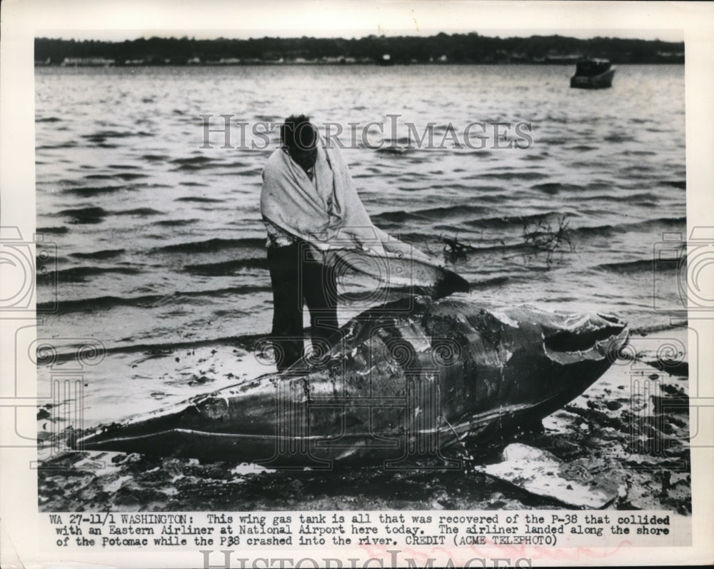 1949 Press Photo All that is left of an Eastern Liner is a wing gas tank - Historic Images