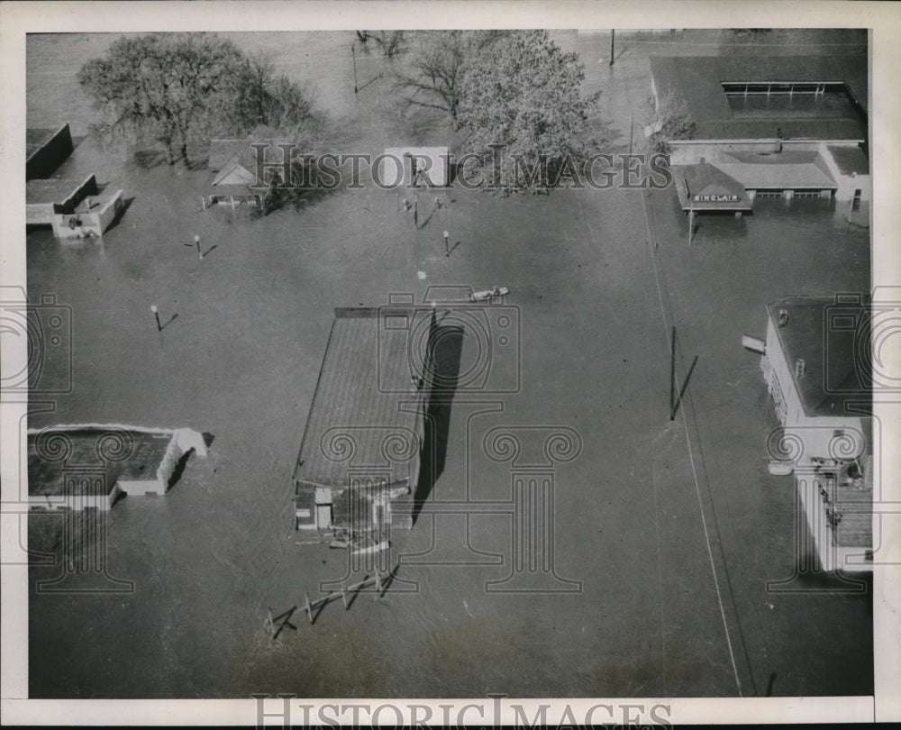 1945 Air view of floods og Marais des Cygnes river at Ottawa Kansas - Historic Images