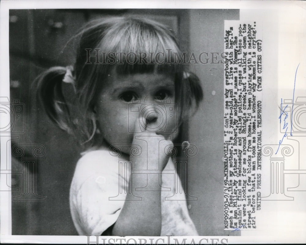 1959 Press Photo Minneapolis Mn Lu Ann Miller age 2 returned after being lost - Historic Images