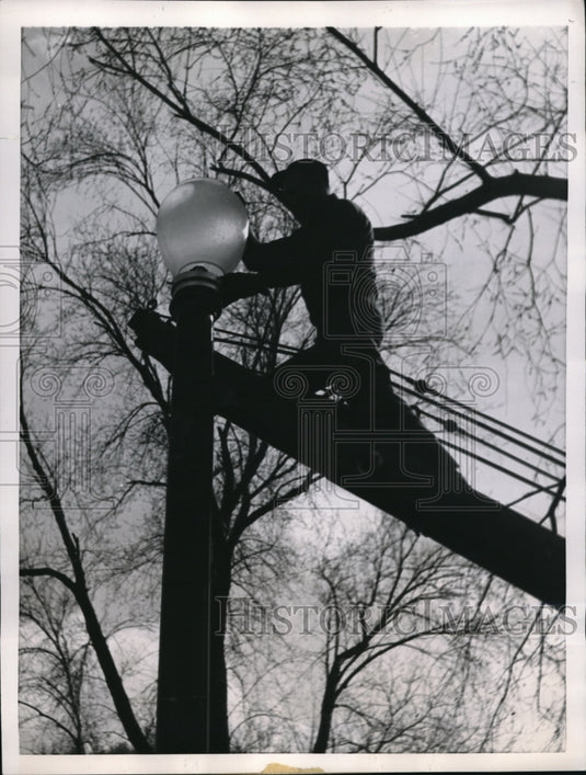 1956 Press Photo Boston worker cleans streetlamps - Historic Images