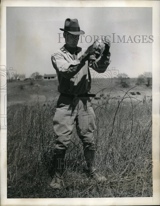 1940 Press Photo man rocking a bird to sleep at Irish Setter Club - Historic Images