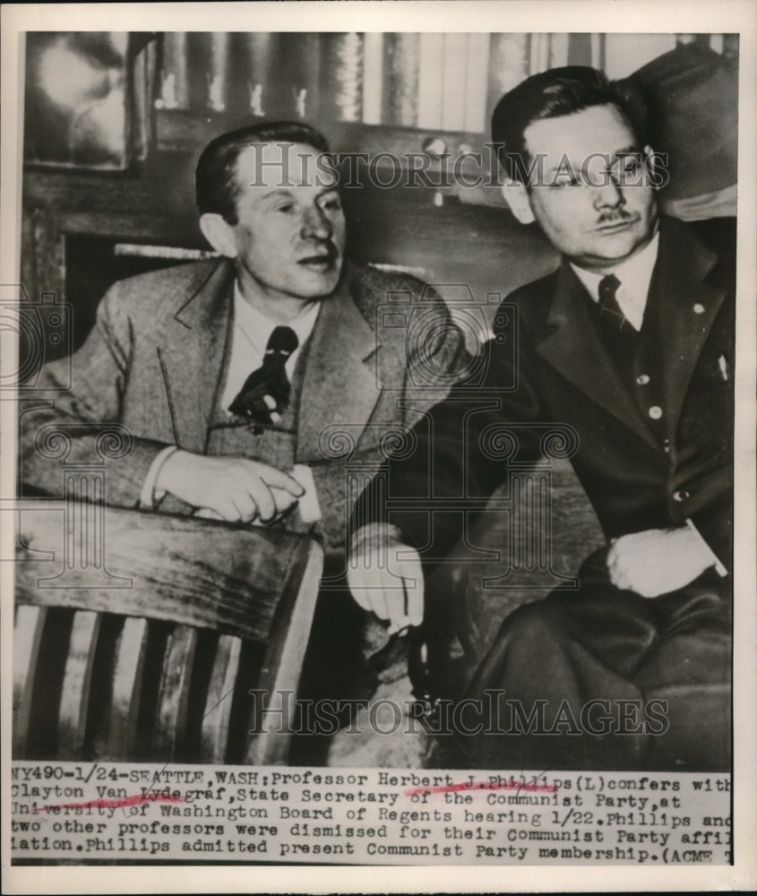 1949 Press Photo Professor H. Phillips confers with the Sec. of Communist Party - Historic Images