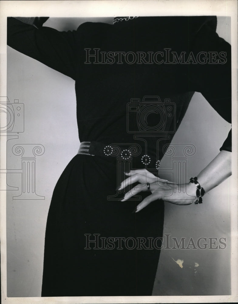 1945 Press Photo Suede and Nailhead Belt by Criterion worn with a dress - Historic Images