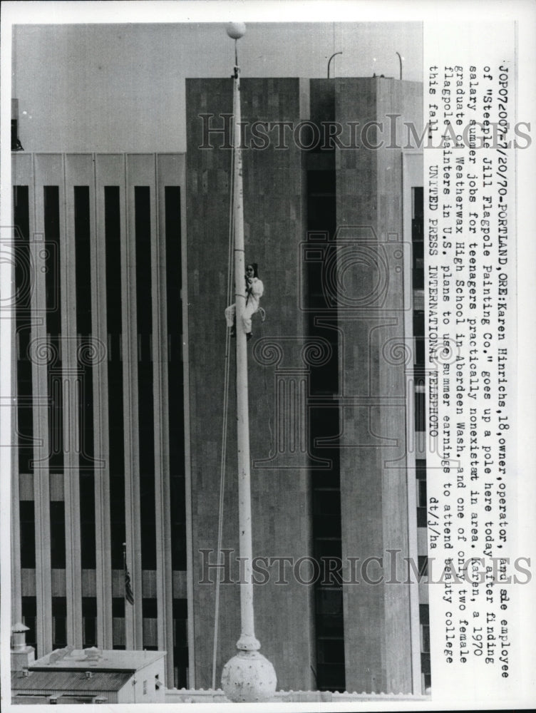 1970 Press Photo Karen Hinrichs paints a flagpole - Historic Images