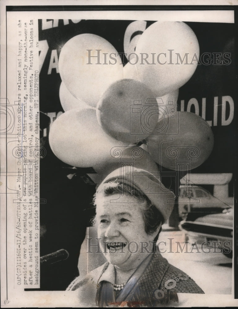 1962 Press Photo Mayor Charlotte Whitton Opens New Parking Lot in Ottawa - Historic Images