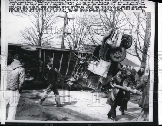 1959 Press Photo Duane Brubaker's car crashes into truck on US12 - Historic Images