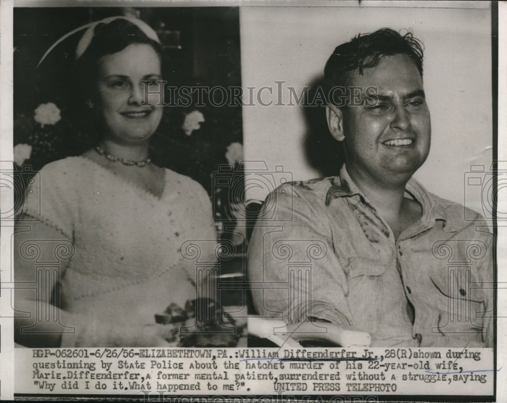 1956 Press Photo William Diffeenderfer Jr. being questioned for murdering wife - Historic Images