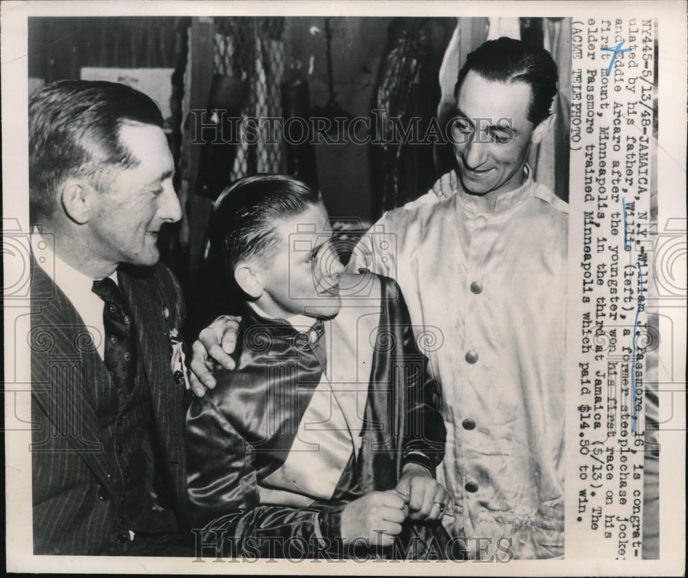 1948 Media Photo Jamaica NY Wm Passmore age 16 dad Willie at win of horserace - Historic Images