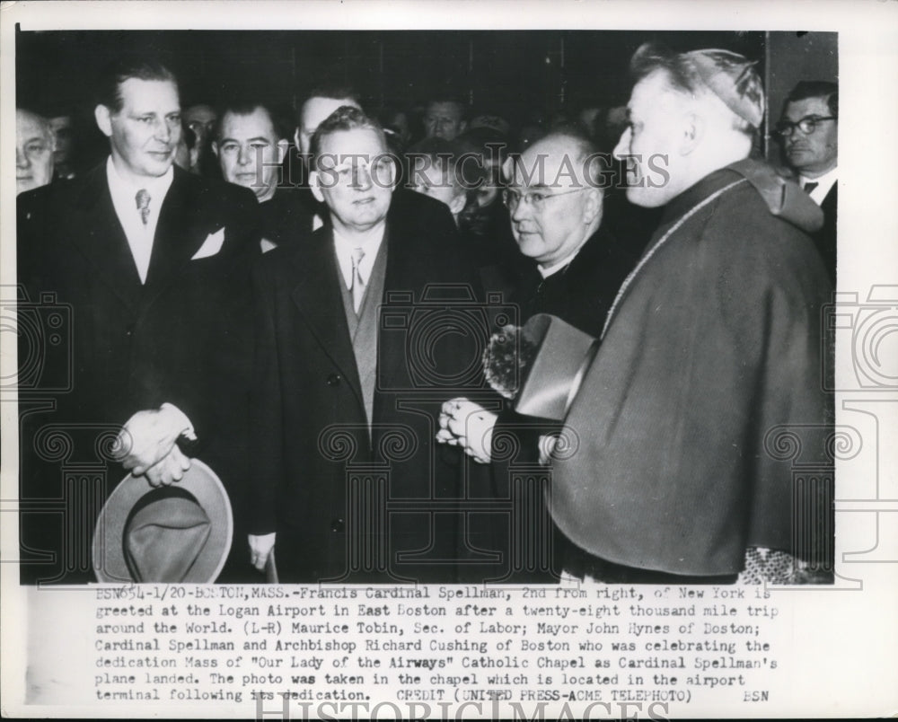 1952 Press Photo Boston Mass Francis Cardinal Spellman,M Tobin Sec of Labor, - Historic Images