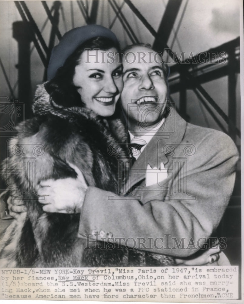 1948 New York Kay Trevil Miss Paris of 1947 embraces her fiancee Ray - Historic Images