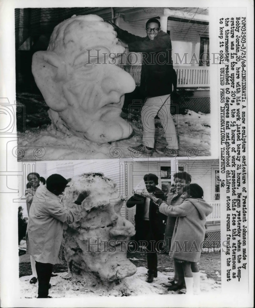 1968 Press Photo Cincinnati  a snow sculpture of President Johnson by Bobby - Historic Images