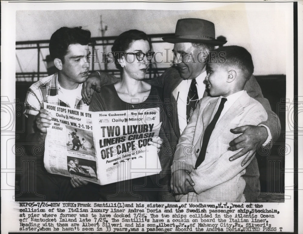 1956 Press Photo New York Frank Santilli and his sister Anna read of collision - Historic Images