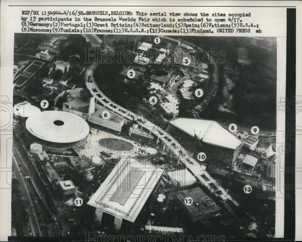 1958 Press Photo Aerial view shows sites occupied at Brussels Worlds Fair - Historic Images