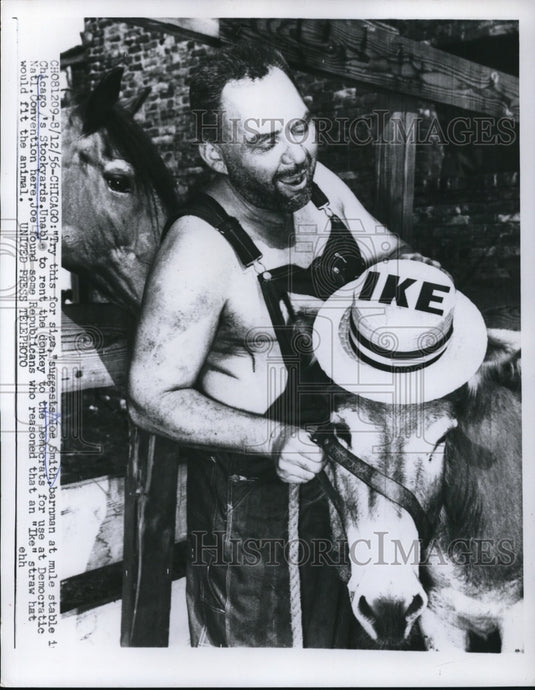 1956 Press Photo Joe Smith, barnman with the Donkey wearing "Ike" straw hat - Historic Images