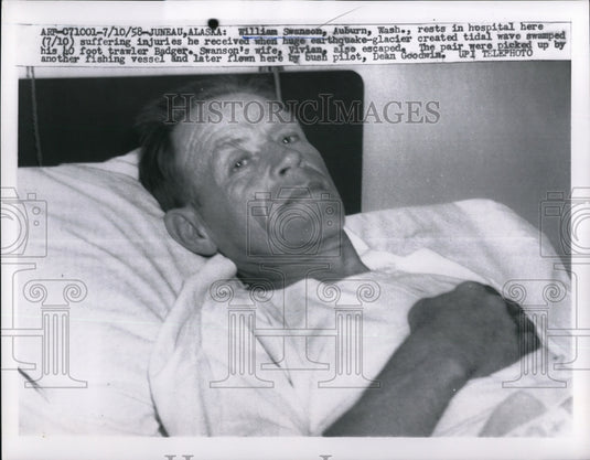 1958 Press Photo Wm Swanson, rests in hospital in Auburn WA suffering injuries - Historic Images