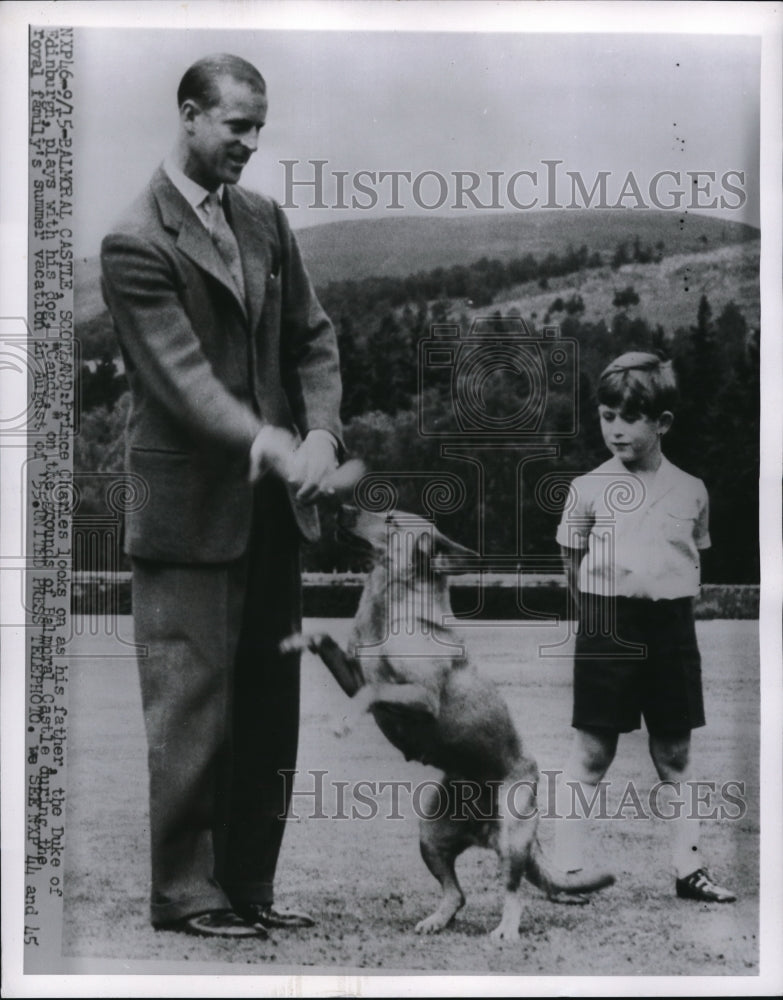 1955 Press Photo Balmoral Castle Prince Charles looks on as his father the Duke - Historic Images