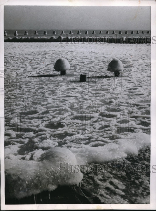 1955 Press Photo Icy Mushrooms on Lake Michigan Near Chicago - Historic Images