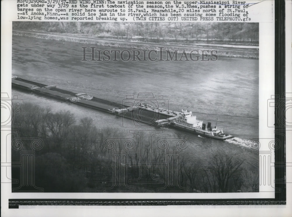 1957 Press Photo A barge on the upper Mississippi near Red Wing Minnesota.-Historic Images