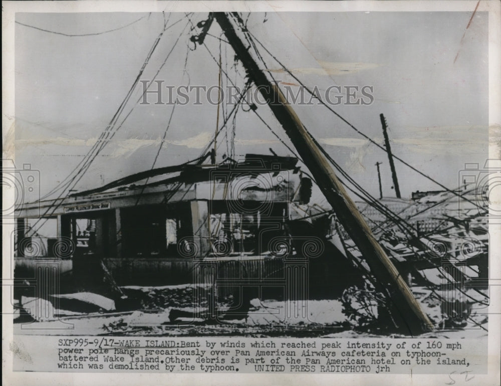 1952 Press Photo Utility Pole Leaning After Winds, Wake Island Typhoon Olive - Historic Images