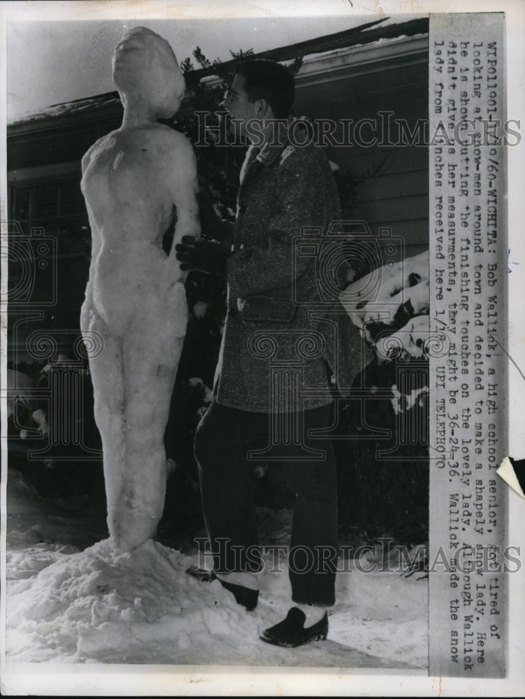 1960 Wichita Kans Bob Wallick builds a snow lady - Historic Images