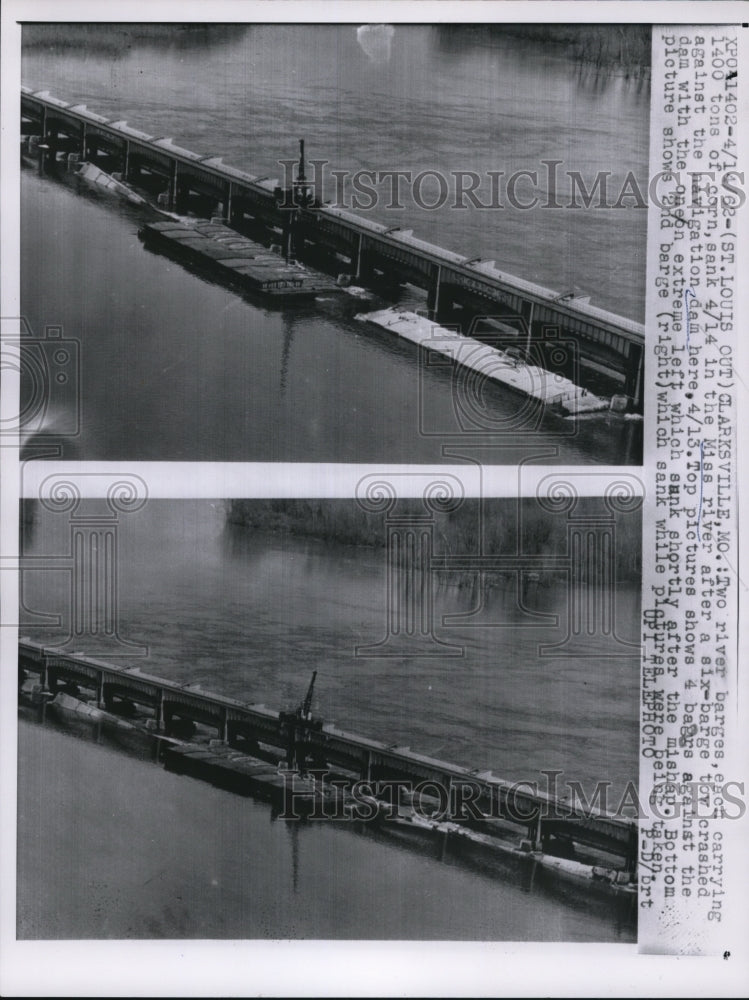 1962 Press Photo Two river barges crash into dam of Miss river - Historic Images