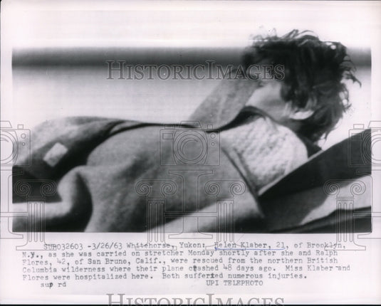 1963 Press Photo Whitehorsed Yukon Helen Klaber rescued from plane crash - Historic Images