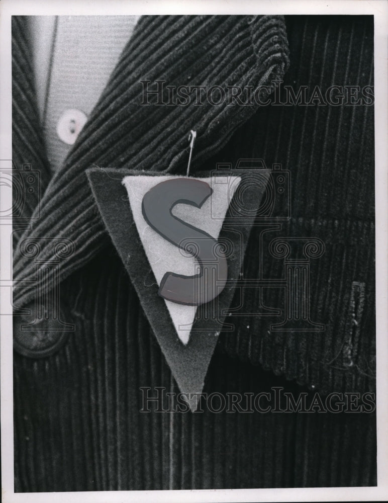 Press Photo A Shalersville S bade on a man's lapel - Historic Images