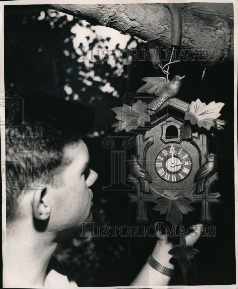 1965 Press Photo Vincennes Indiana Cuckoo Clock John McCormack Jenny Wren - Historic Images