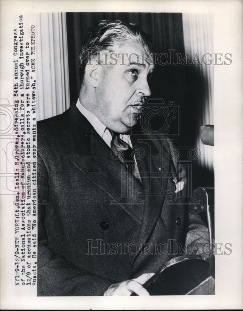 1949 Press Photo Lt. Gen. Leslie R. Groves, addressing 54th annual Congress of - Historic Images