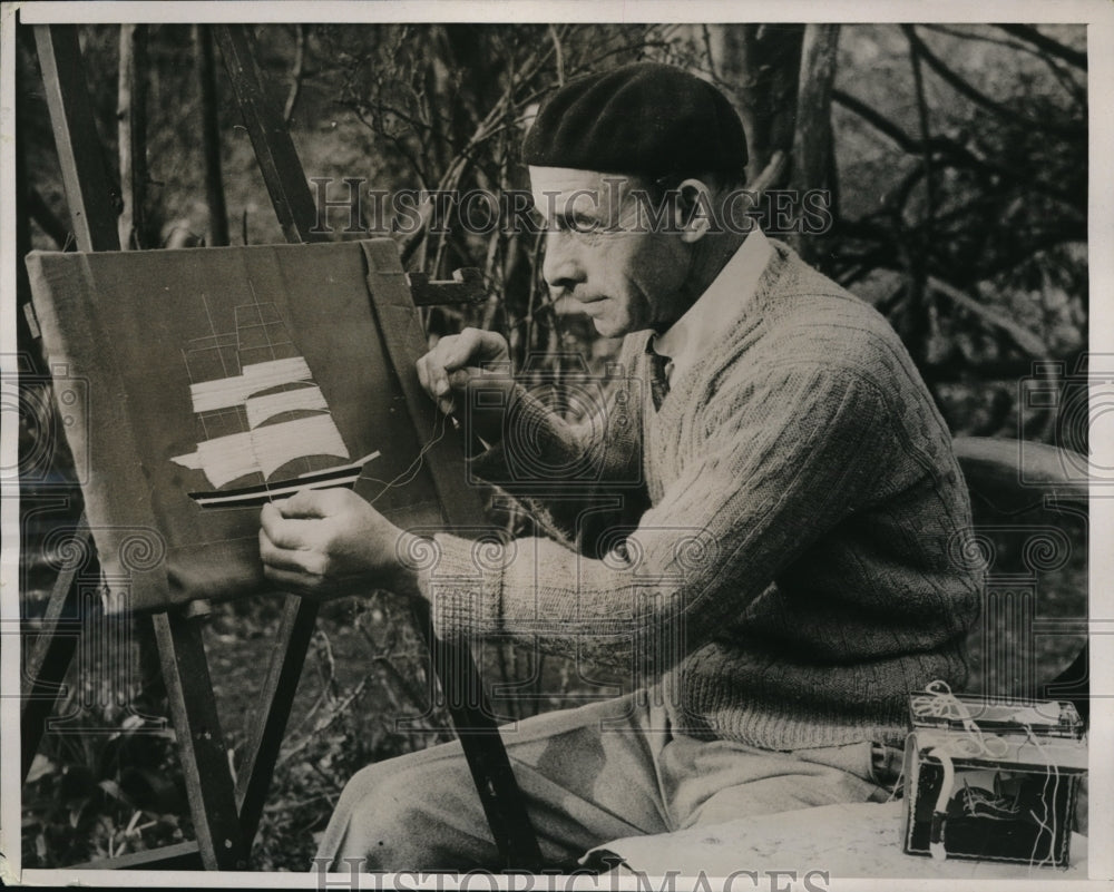 1939 Press Photo H.C. Grint at work on needwork picture of a full-sailed ship - Historic Images