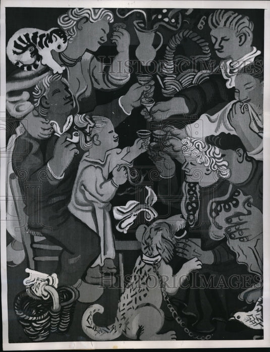 1949 Press Photo Brilliant & colorful tapestry from French Modern Artist Savin - Historic Images