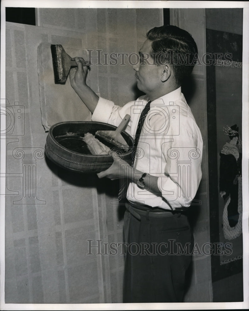 1956 Man Remounts A Silk Painting Using A Flour Paste Mixture - Historic Images