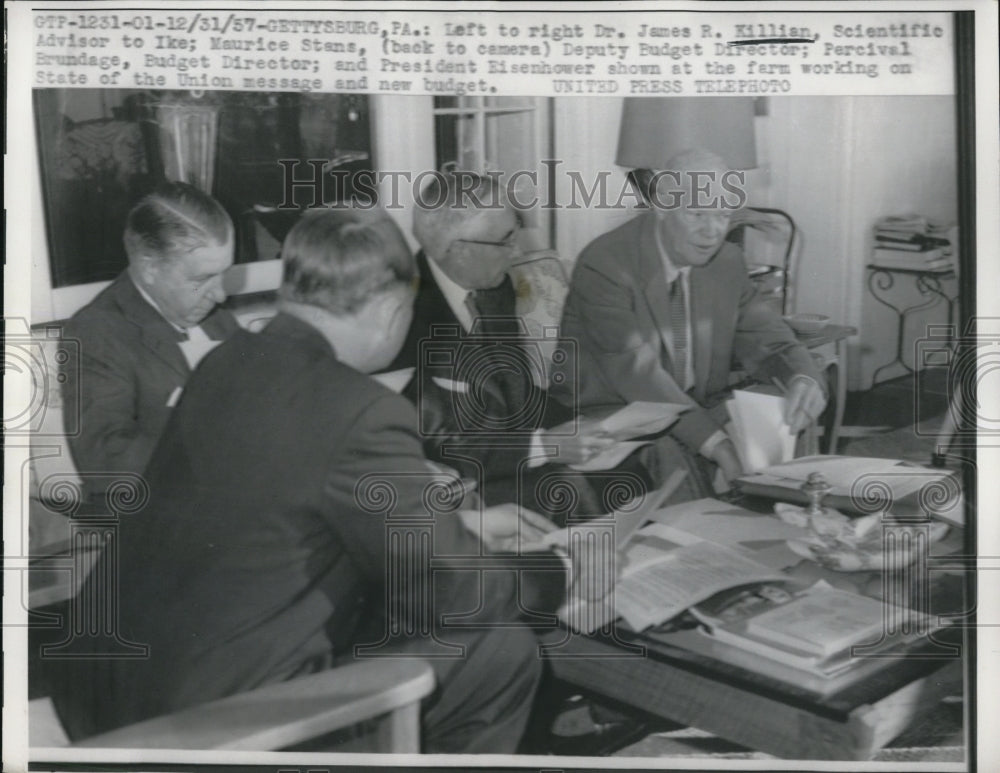 1957 Press Photo Dr. James R. Killian, Percival Brundage, President Eisenhower - Historic Images