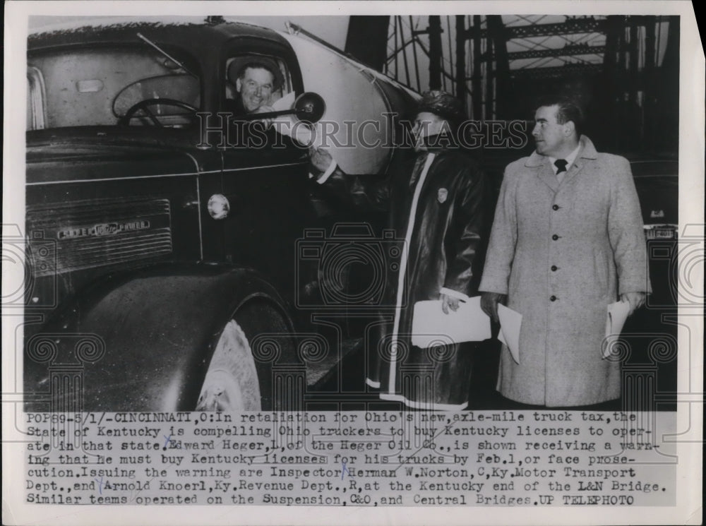 1954 Press Photo Cincinnati Ohio Axle Mile Truck Tax Kentucky Edward Heger - Historic Images