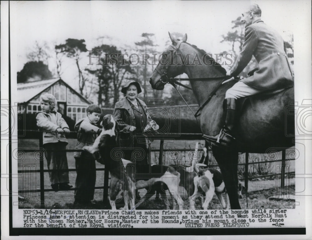 1956 Prince Charles attending the West Norfolk Hunt with his Mother-Historic Images