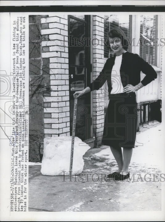 1962 Press Photo Judi Downey with 19 inches thick formed ice. - Historic Images