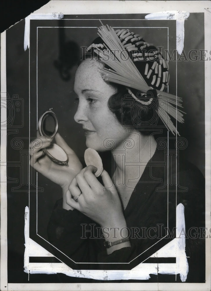 1932 Press Photo Frances Johnson wears a hat with Spaghetti Noodles. - Historic Images