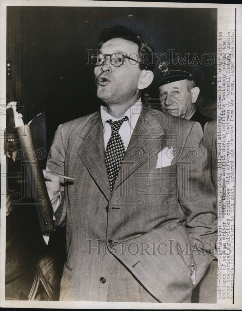 1947 Press Photo Charles Katz, Hollywood attorney during the Moffitt&#39;s testimony - Historic Images