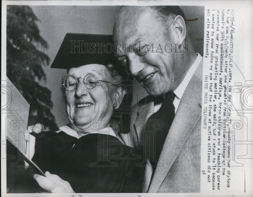 1953 Press Photo Mrs. Ida May Cordy with her son, R.O. Cordy at her graduation - Historic Images